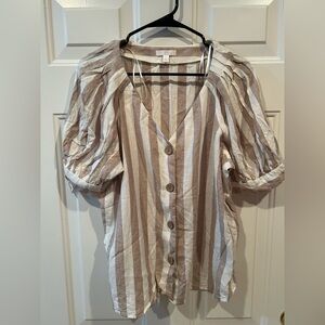 LC Lauren Conrad Beige and White Striped Linen Blend Blouse
